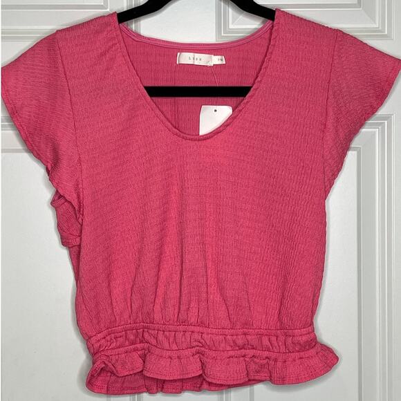 Lush NEW Pink V Neck Peplum Hem Cap Sleeve Shirt Small - Picture 1 of 6